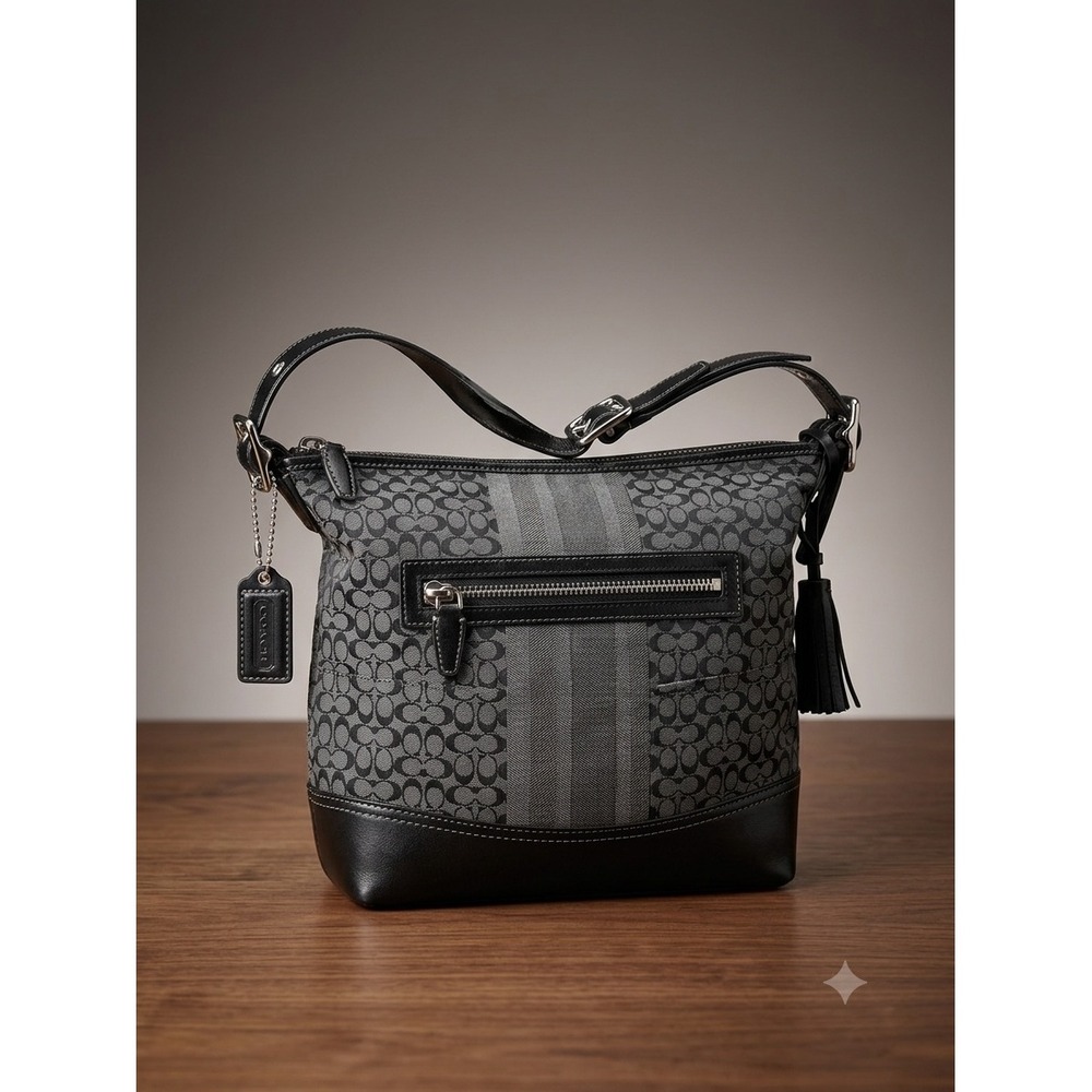 Coach Signature Stripe Crossbody Bag Black Grey Canvas Leather Tassel